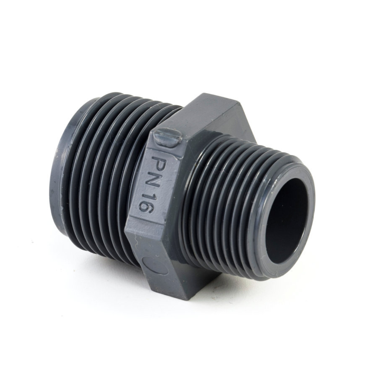 Pvc dubbele nippel, verlopend 2x buitendraad, 16 bar, 1"