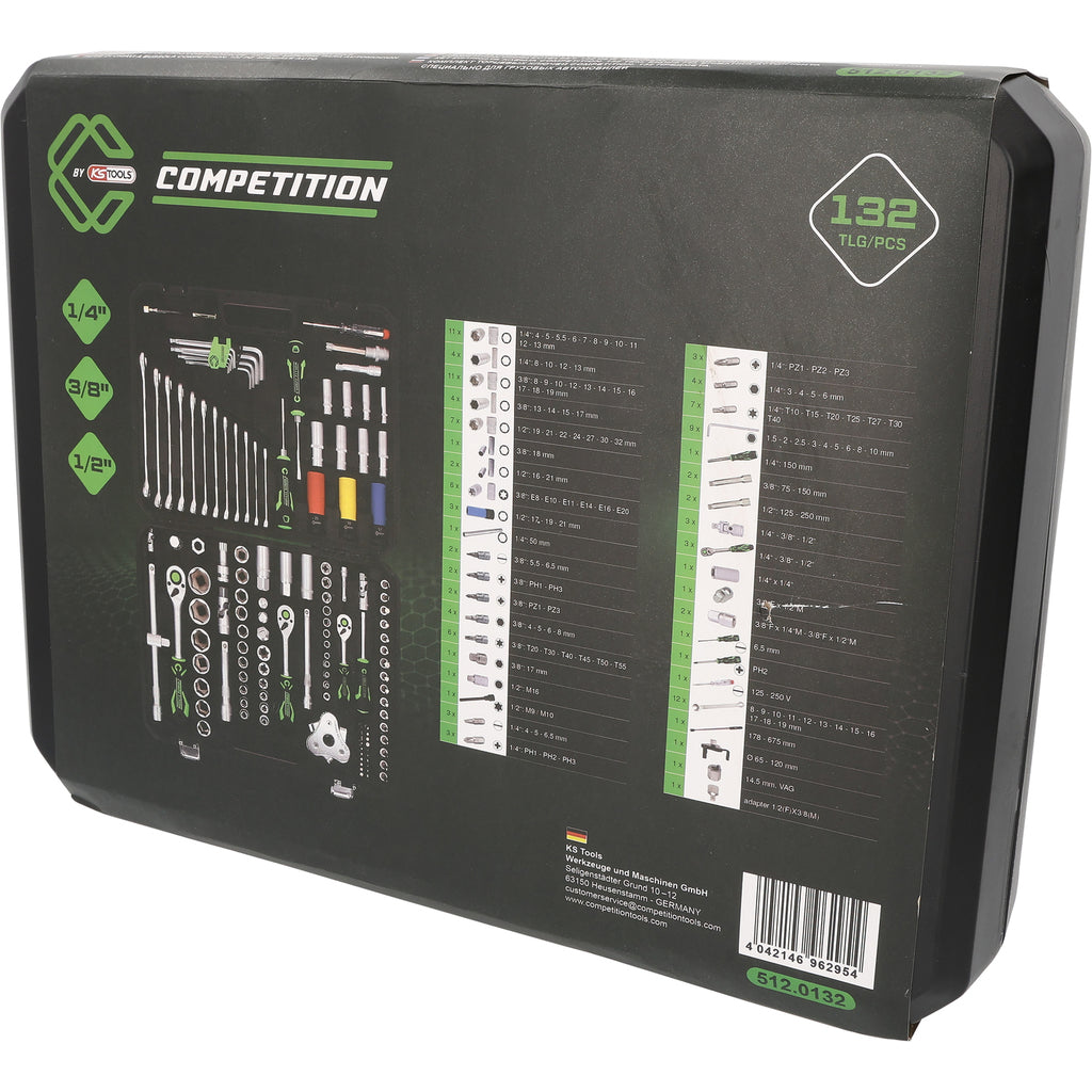 COMPETITION 1/4"+3/8"+1/2" dopsleutelset, 132 dlg, speciaal voor motorvoertuigen