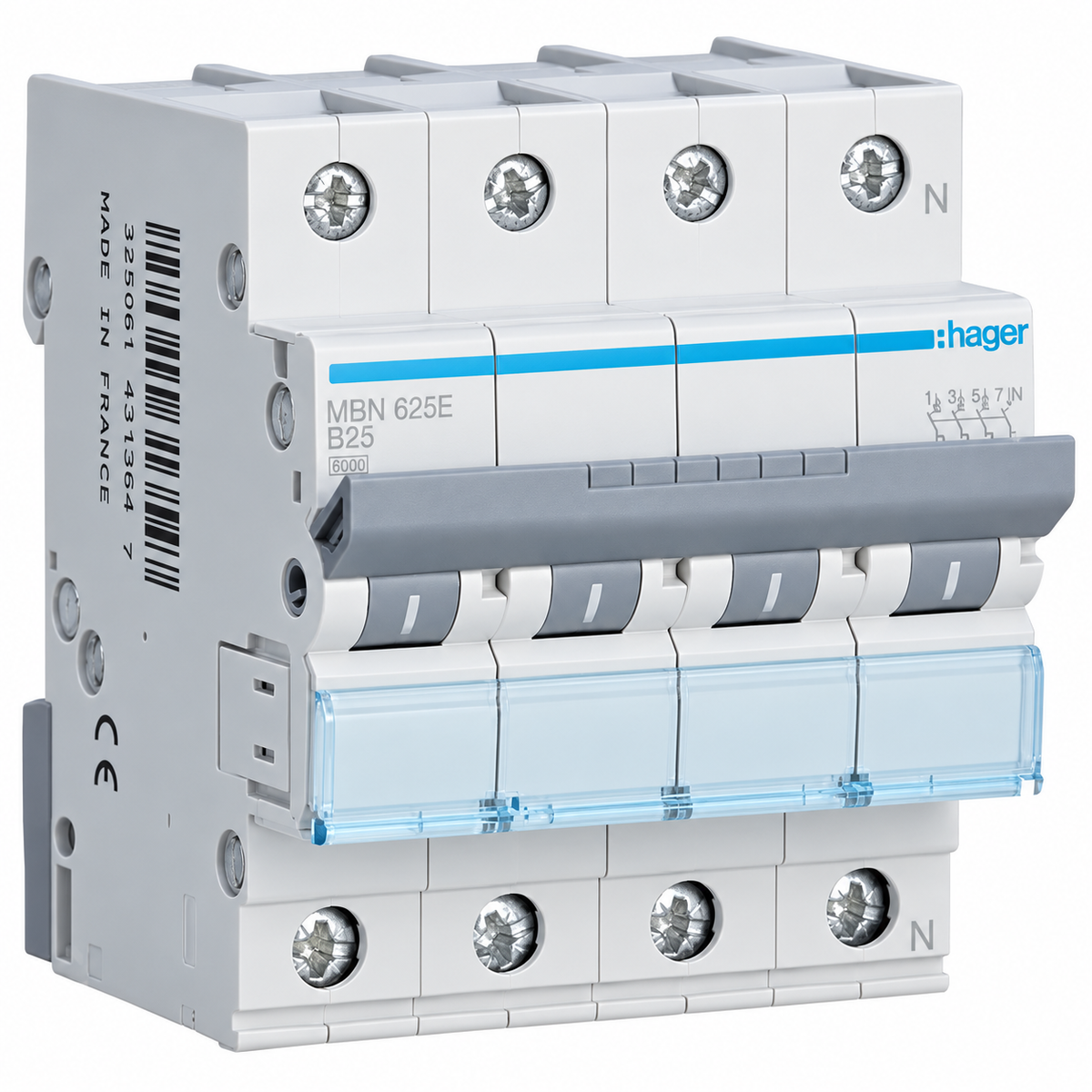 Hager circuit breaker B25 3-phase (4P) 6kA (MBN625E)