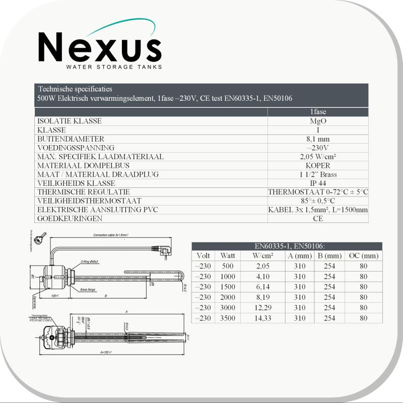 Elektrisch verwarmingselement koper – 0,5 kW 230V met thermostaat