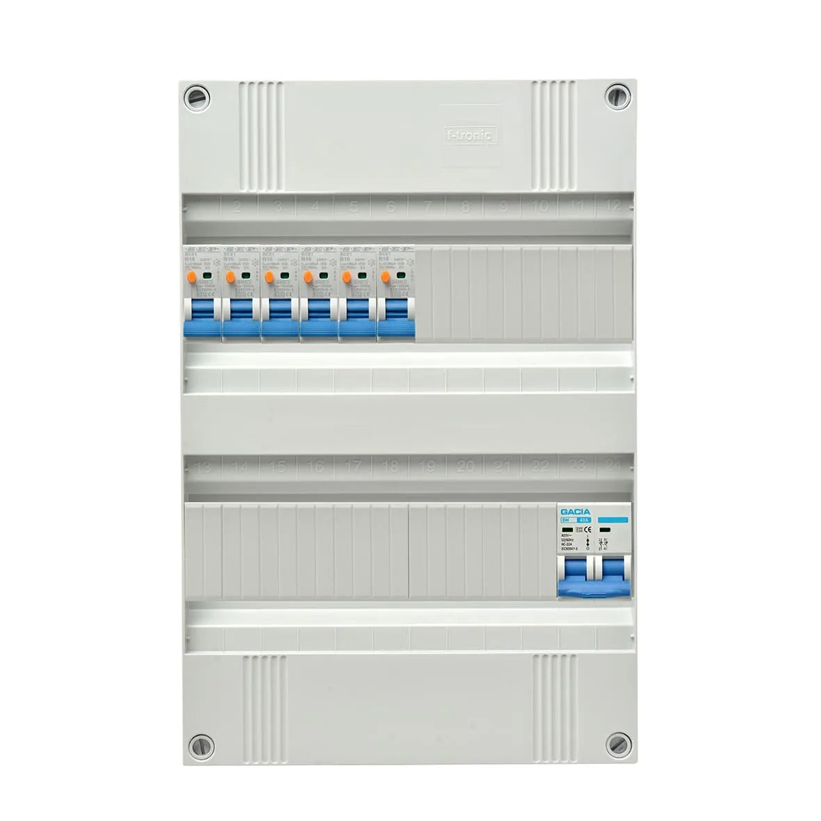 Gacia groepenkast 1 fase - 6 aardlekautomaat B16, Hoofdschak 2p