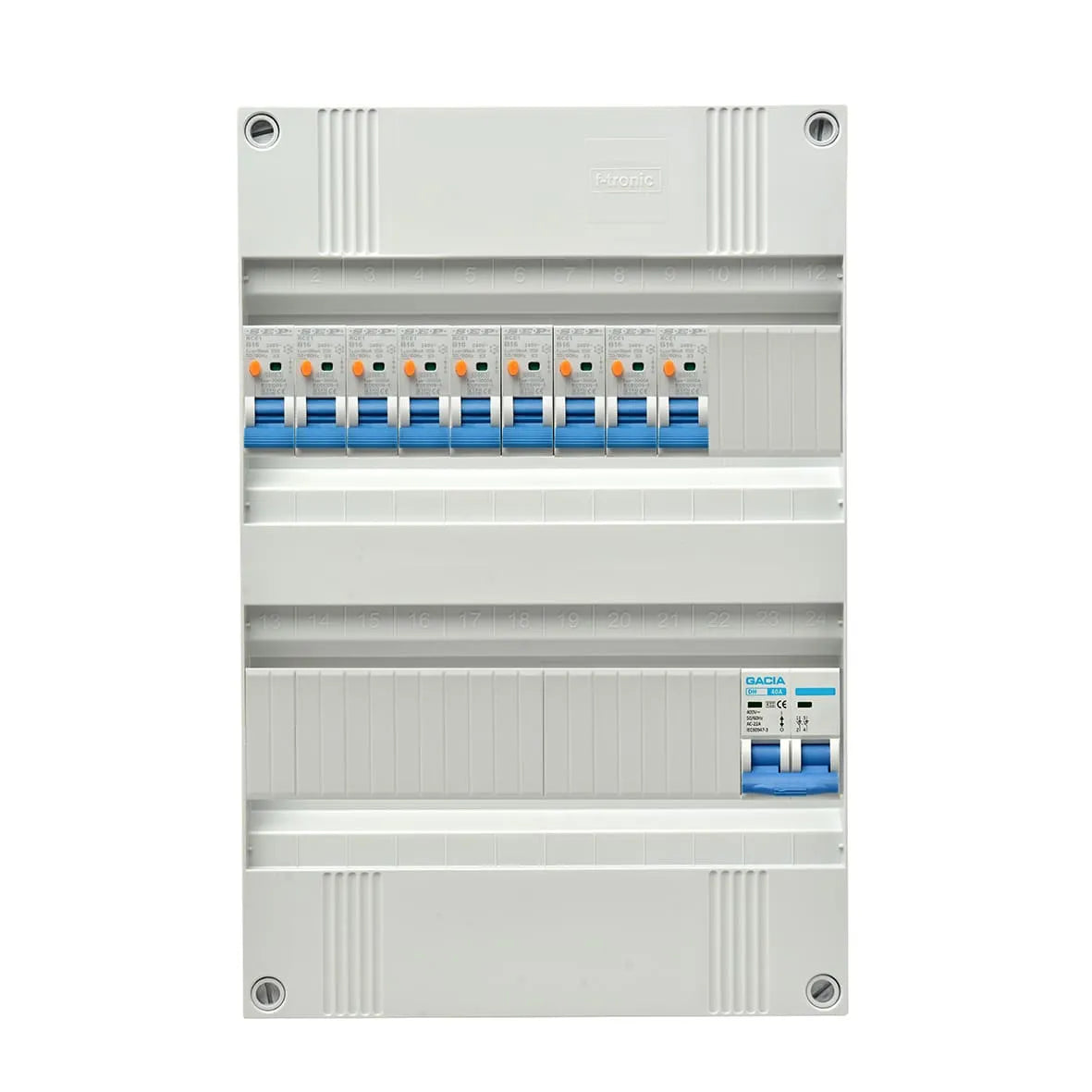 Gacia groepenkast 1 fase - 9 aardlekautomaat B16, Hoofdschak 2p