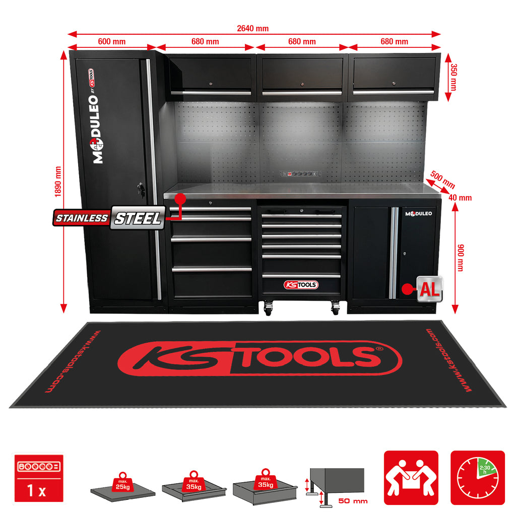 KS Tools Competition Werkzeugwand inkl. Edelstahl-Arbeitsplatte und Werkzeugwagen