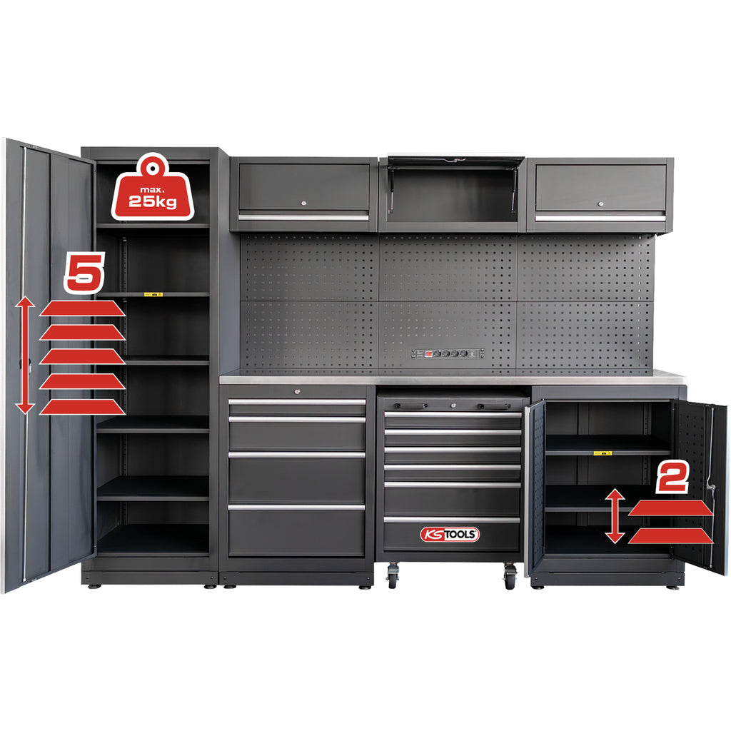 KS Tools Competition Werkzeugwand inkl. Edelstahl-Arbeitsplatte und Werkzeugwagen