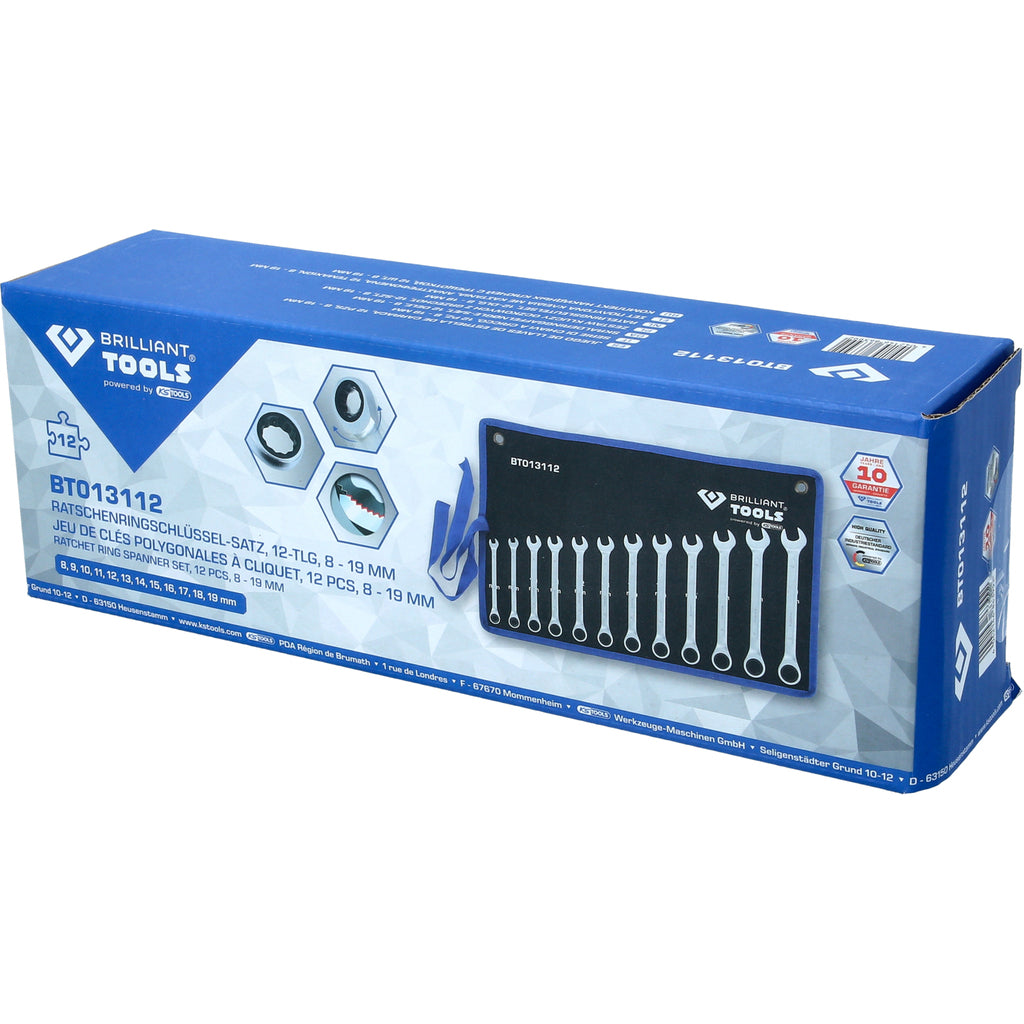 Ratelringsleutelset, 12 delig, 8 - 19 mm