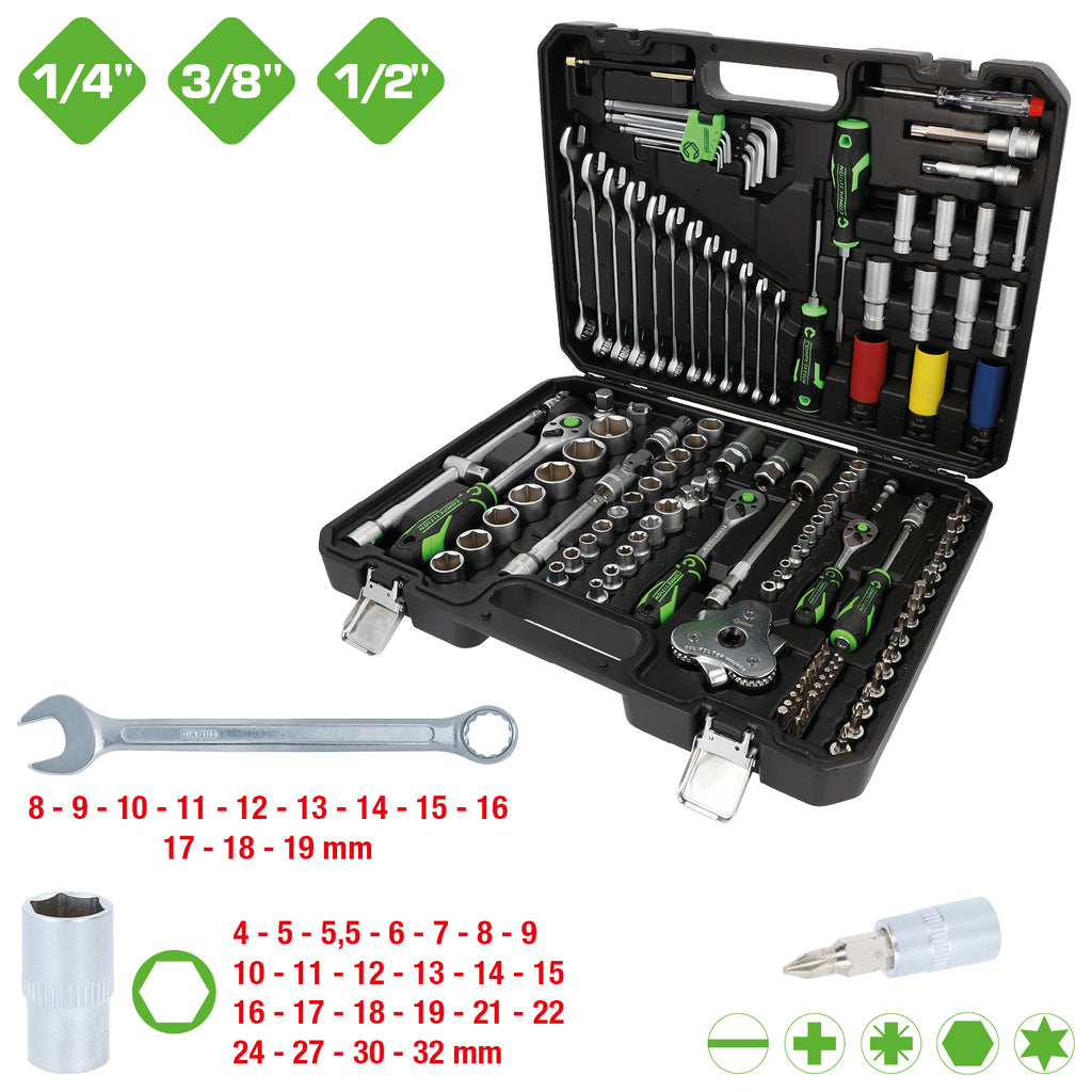 COMPETITION 1/4"+3/8"+1/2" dopsleutelset, 132 dlg, speciaal voor motorvoertuigen