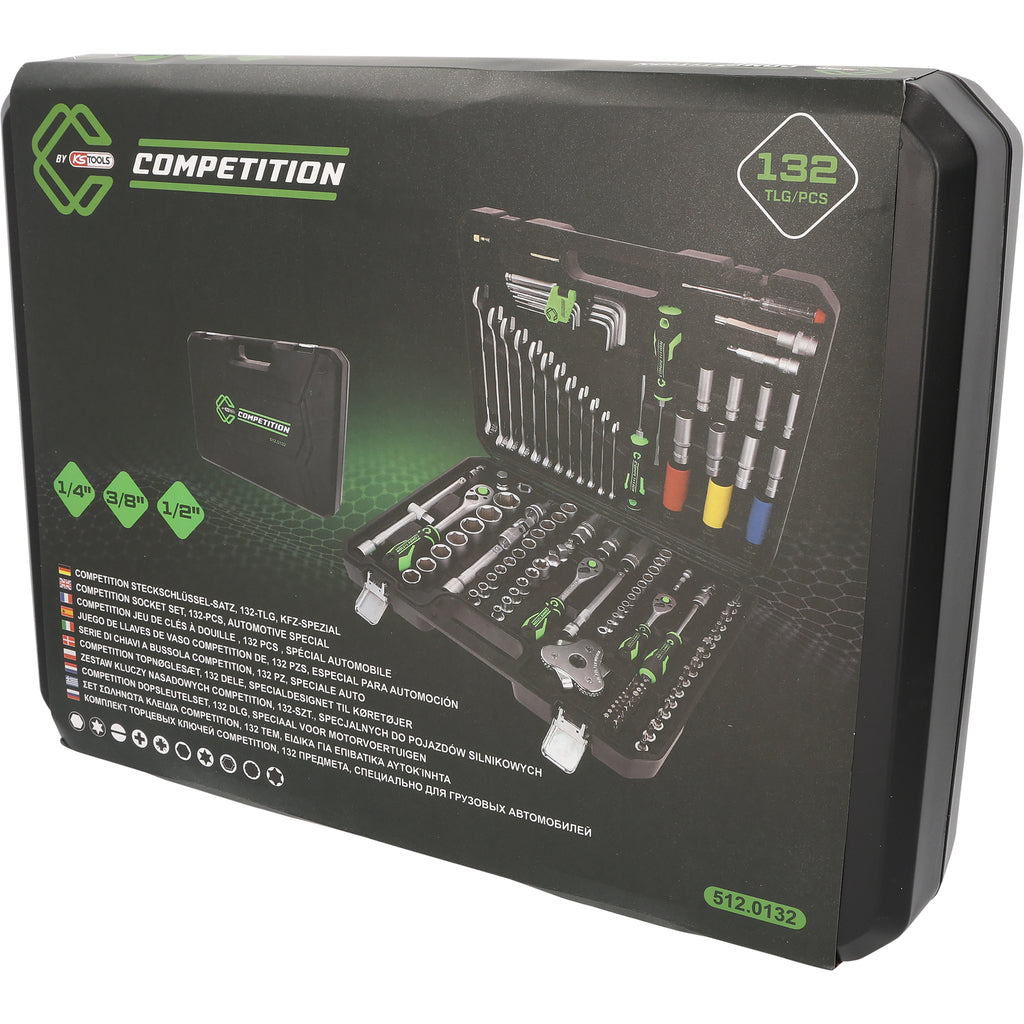 COMPETITION 1/4"+3/8"+1/2" dopsleutelset, 132 dlg, speciaal voor motorvoertuigen