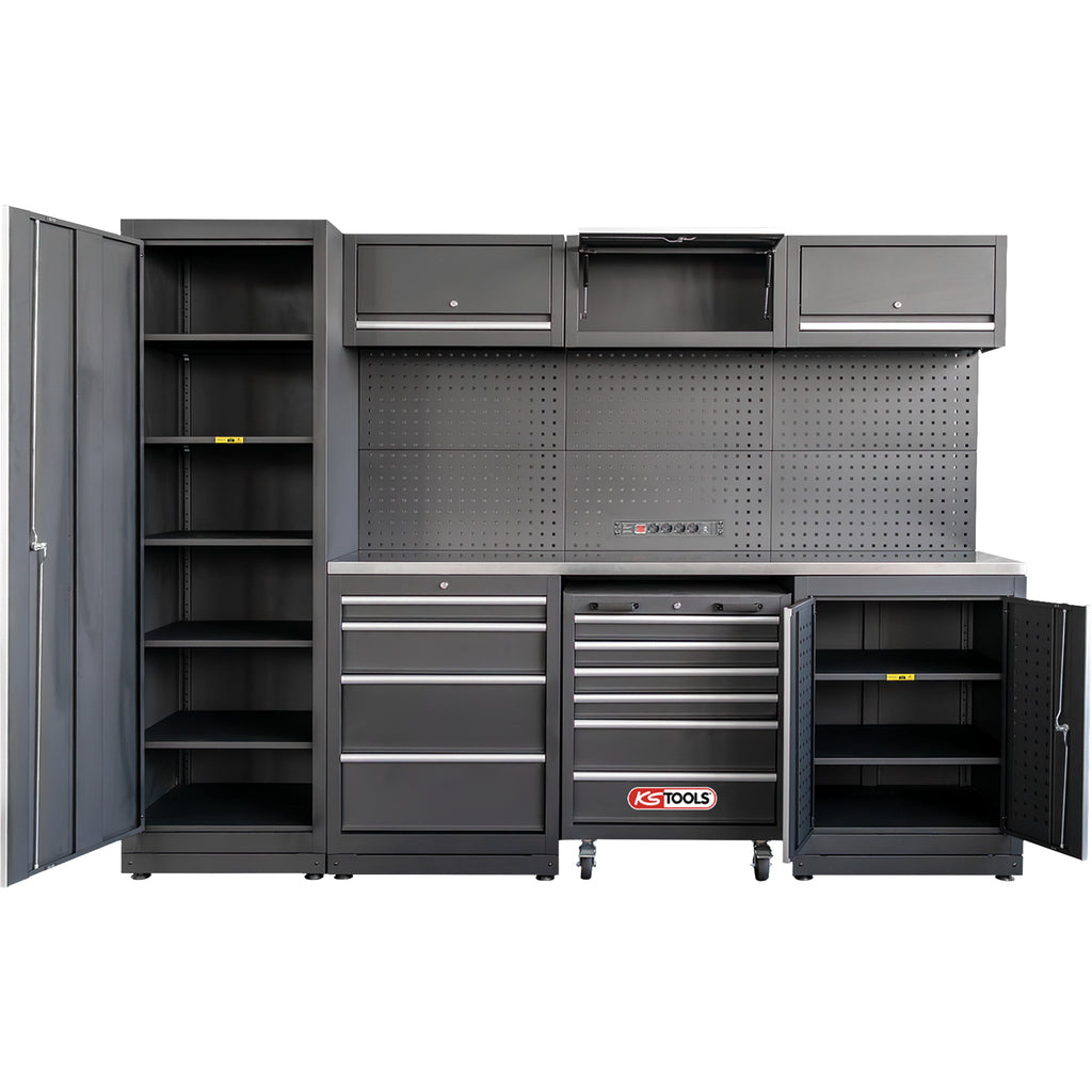 KS Tools Competition Werkzeugwand inkl. Edelstahl-Arbeitsplatte und Werkzeugwagen